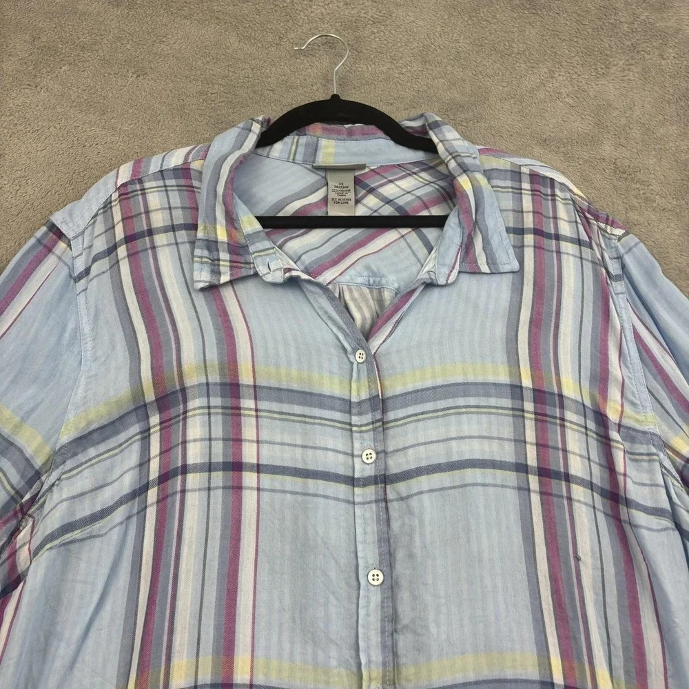 Catherines Button Up Shirt Womens 3X‎ Blue Pink Plaid Lightweight Beachy Casual - Picture 3 of 15